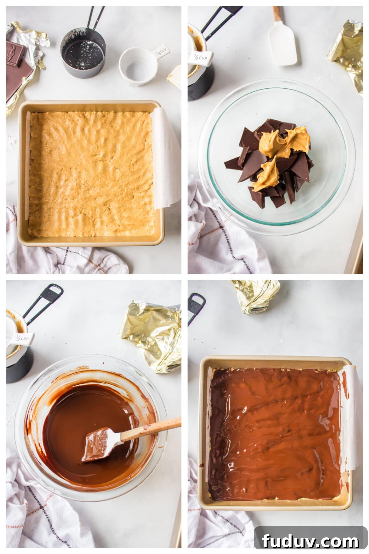 four photos showing how to make no bake peanut butter bars