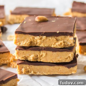 three no bake peanut butter bars stacked