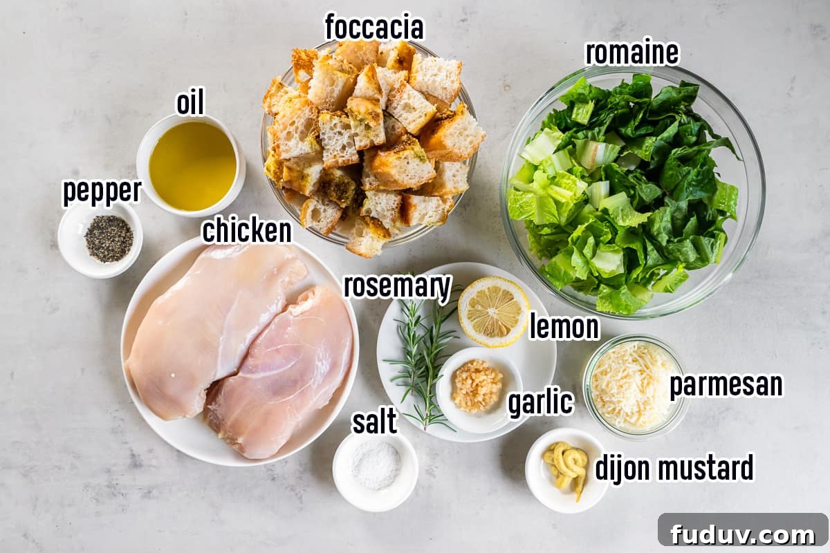 Cubed focaccia, raw chicken breasts, oil, romaine and other ingredients in bowls with text.