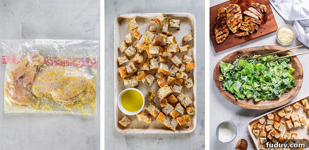 Three images of chicken in a bag with marinade, croutons and oil on a baking sheet, and a salad being assembled in a wood bowl.