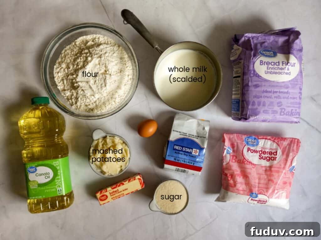 Ingredients: bread flour, flour, milk, yeast, butter, egg, sugar, mashed potatoes. powdered sugar, and oil.