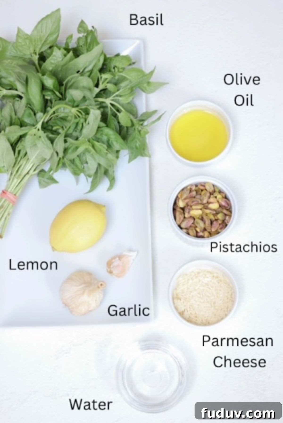 Pistachio Pesto ingredients, labeled.