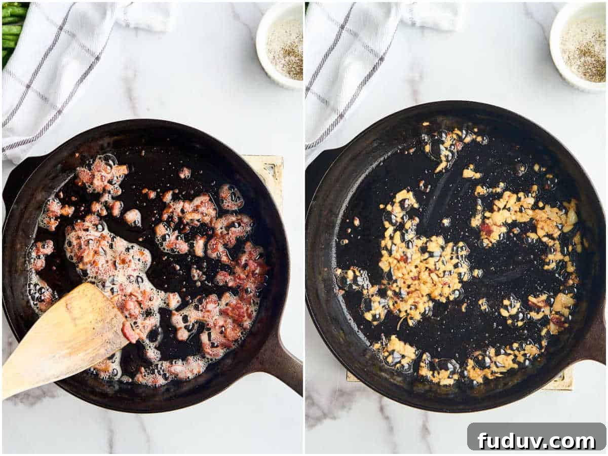 skillet with cooked bacon and cooked onion