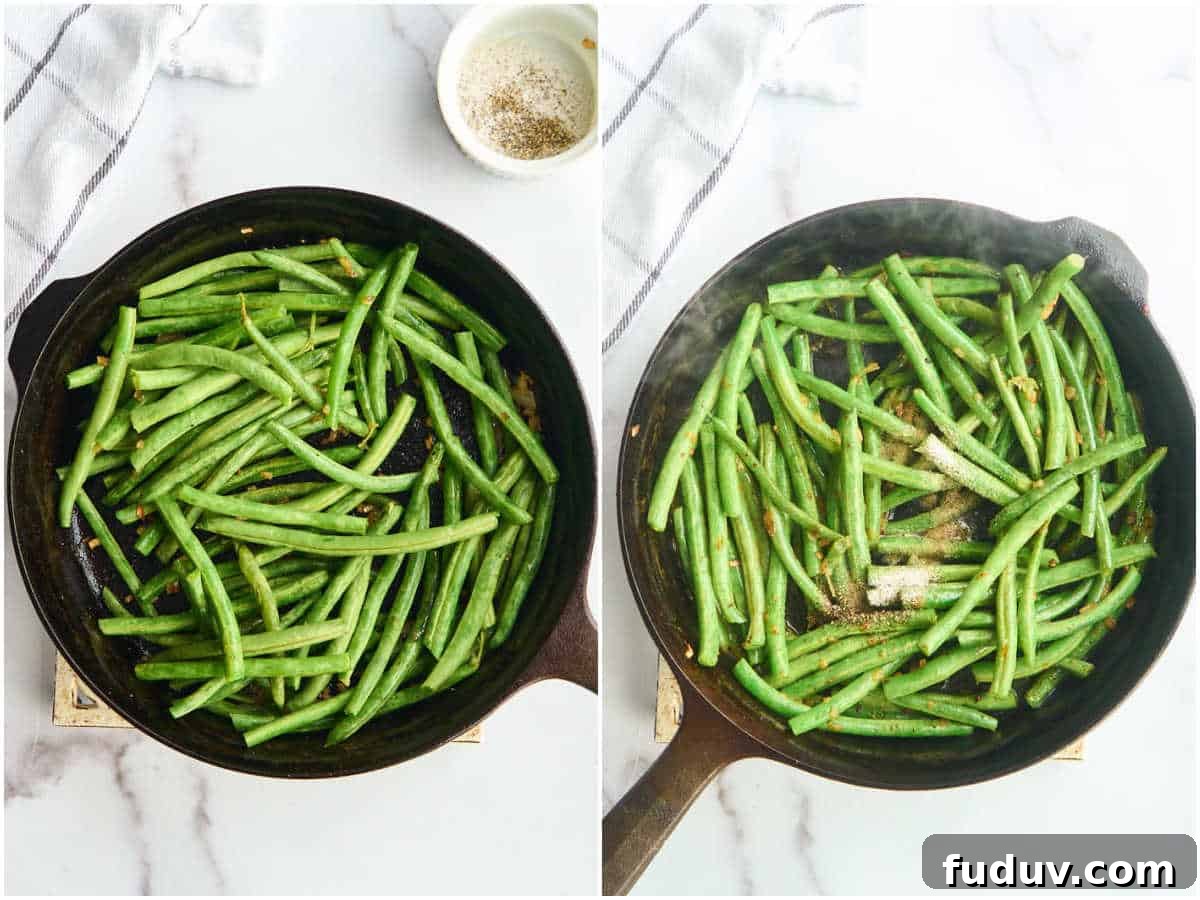 green beans in skillet being stir-fried then seasoned