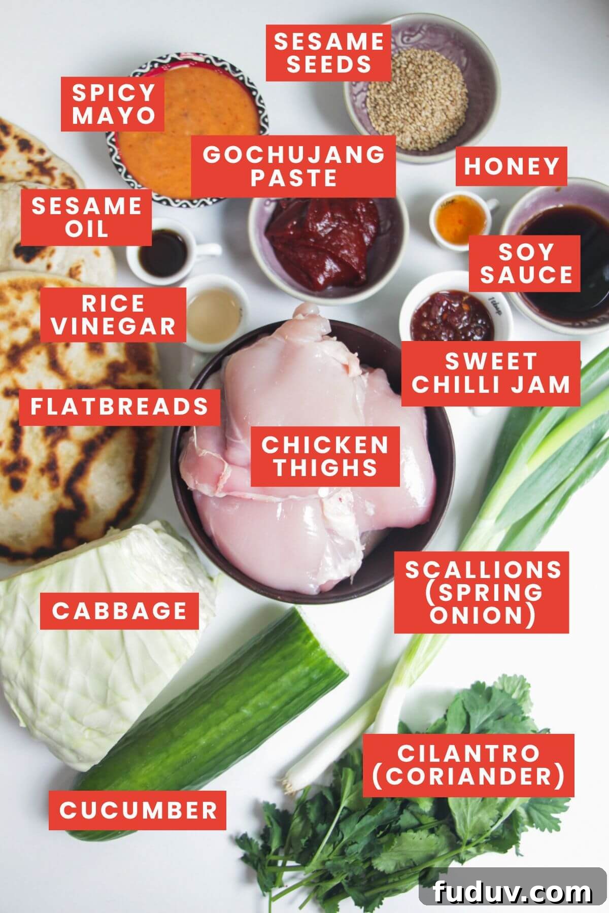 Sticky Gochujang Chicken Recipe: Sweet Spicy Korean Glaze 3 Ingredients for gochujang chicken laid out and labelled.