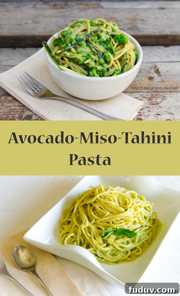 Avocado-Miso-Tahini Pasta Recipe Avocado-Miso-Tahini Pasta - creamy, delicious, amazing! long pin for pinterest with two images and a title