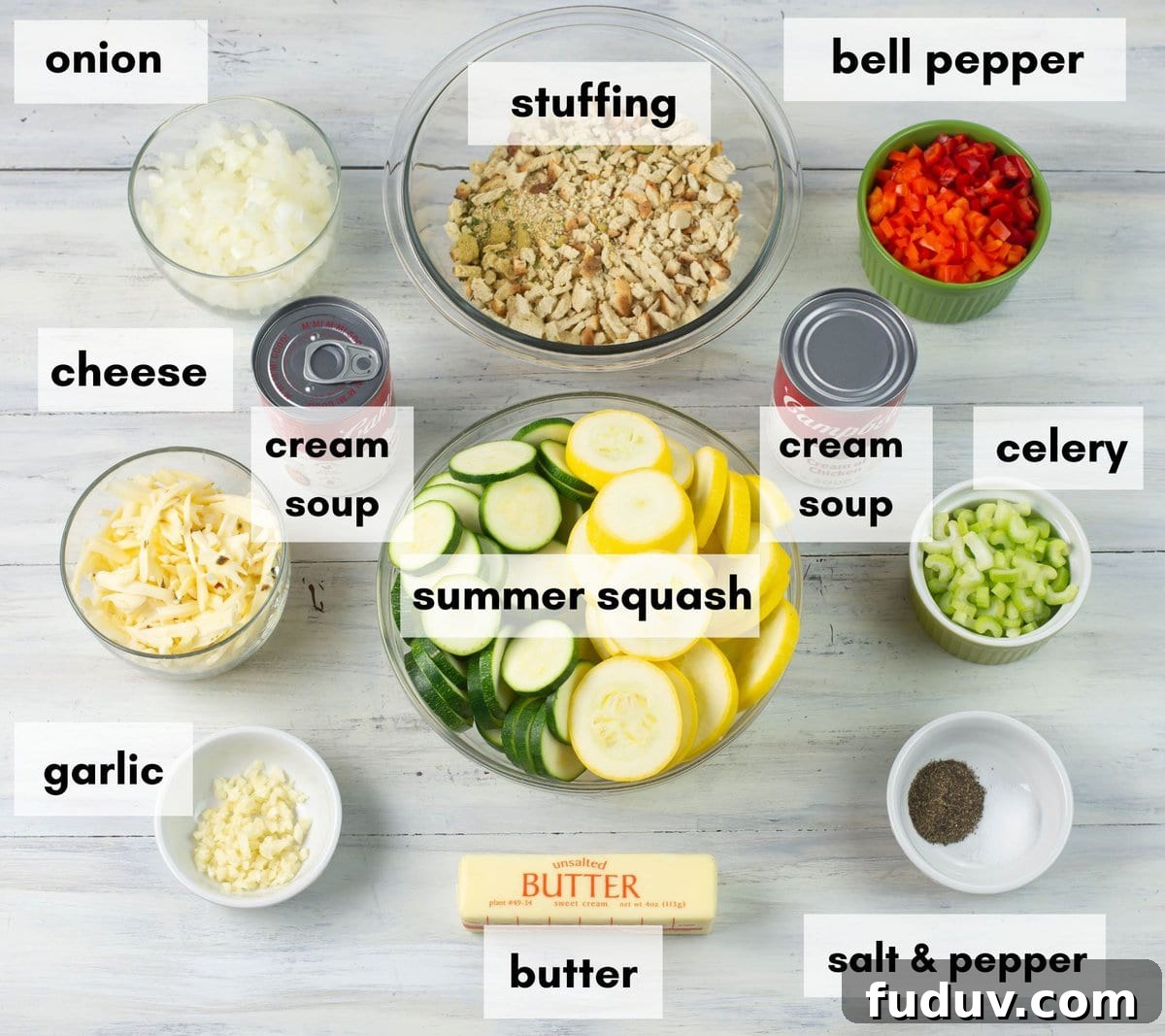 Squash Casserole ingredients in small bowls.