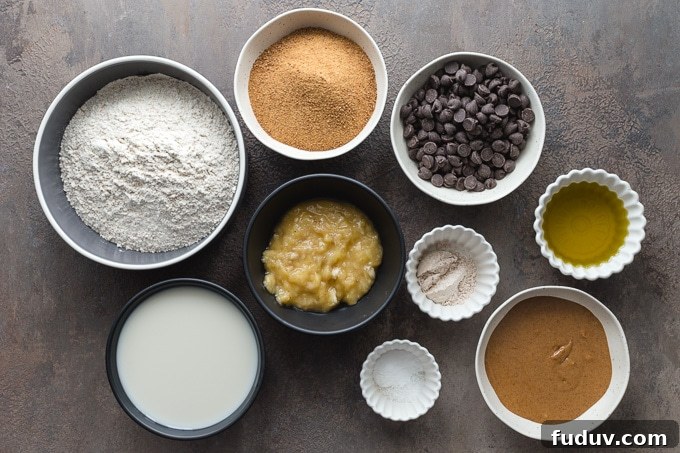 Ingredients for vegan banana cake arranged in individual bowls.