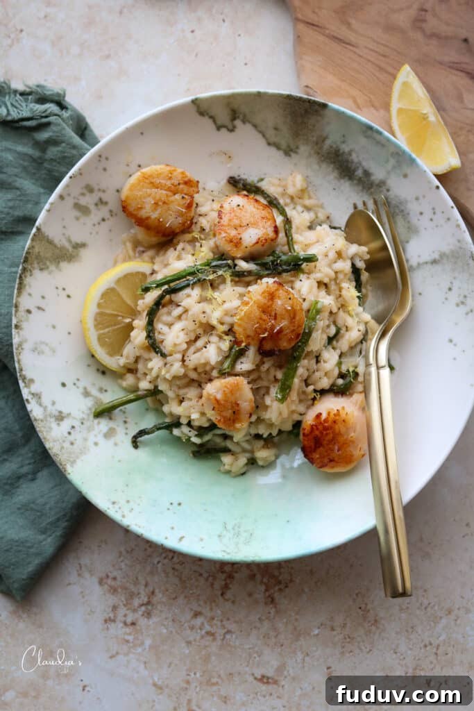 Creamy Asparagus Risotto with Seared Scallops — Spring Seafood Dish 2 creamy risotto with asparagus and seared scallops