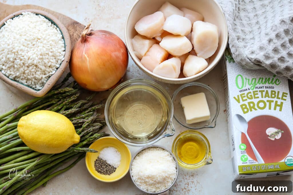 Creamy Asparagus Risotto with Seared Scallops — Spring Seafood Dish 3 ingredients for creamy risotto with asparagus