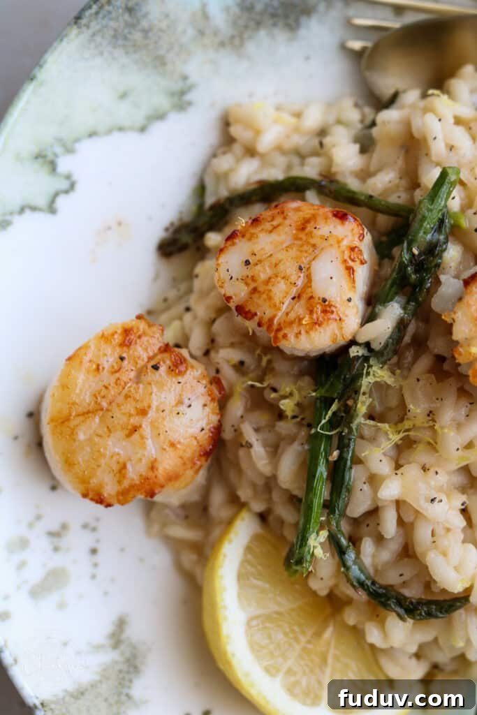 Creamy Asparagus Risotto with Seared Scallops — Spring Seafood Dish 4 close up of creamy risotto, scallops, asparagus and lemon