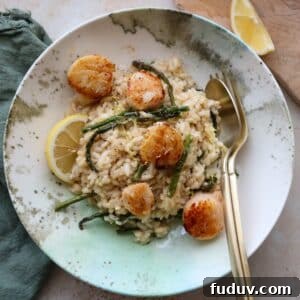 Creamy Asparagus Risotto with Seared Scallops — Spring Seafood Dish 5 creamy risotto with pan seared scallops close up