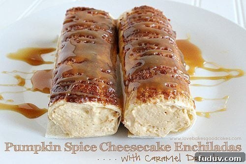 Pumpkin Spice Cheesecake Enchiladas with Caramel Drizzle