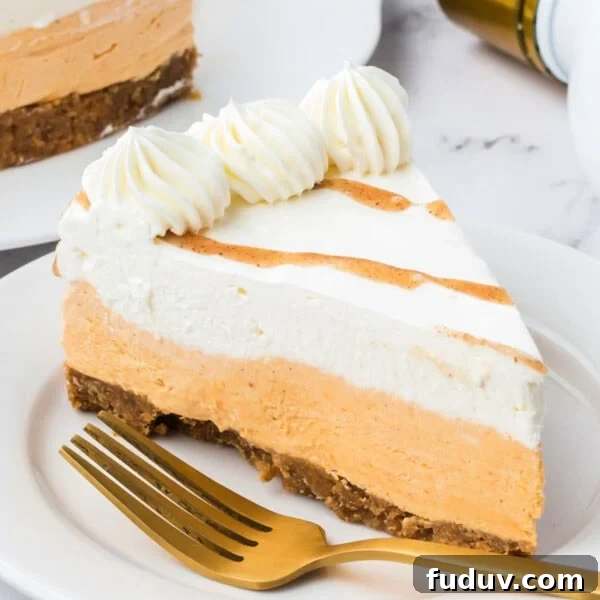 No bake RumChata pumpkin cheesecake with whipped cream and cinnamon drizzle