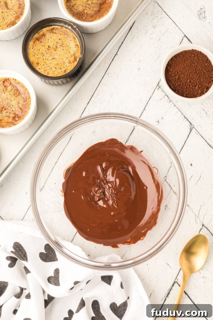 Melted semi-sweet chocolate for topping Cappuccino Crème Brûlée