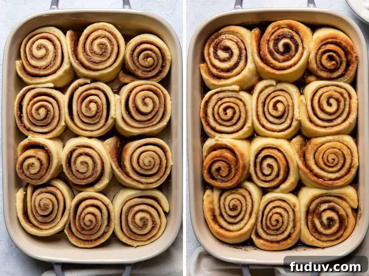 overnight cinnamon rolls in a baking dish, before and after cooking.