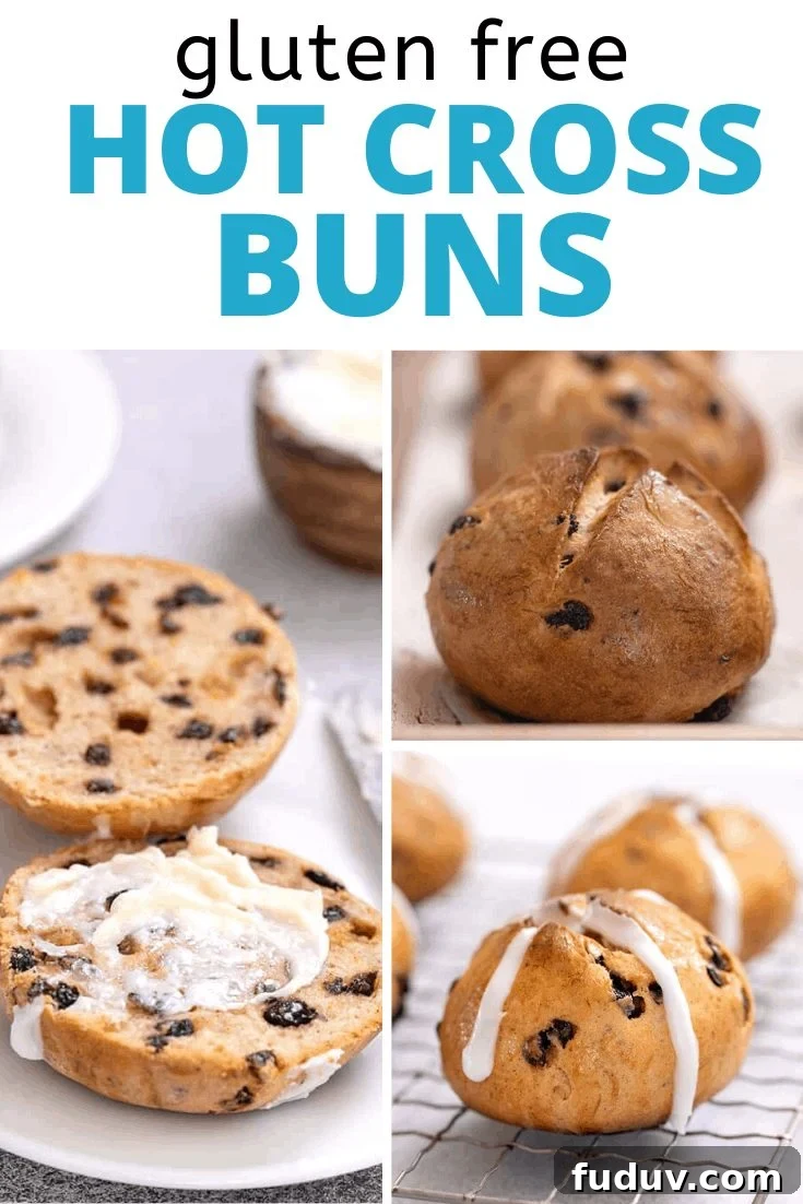 Words Hot Cross Buns with one bun cut in half with butter, one whole on wire rack, and one whole on tray