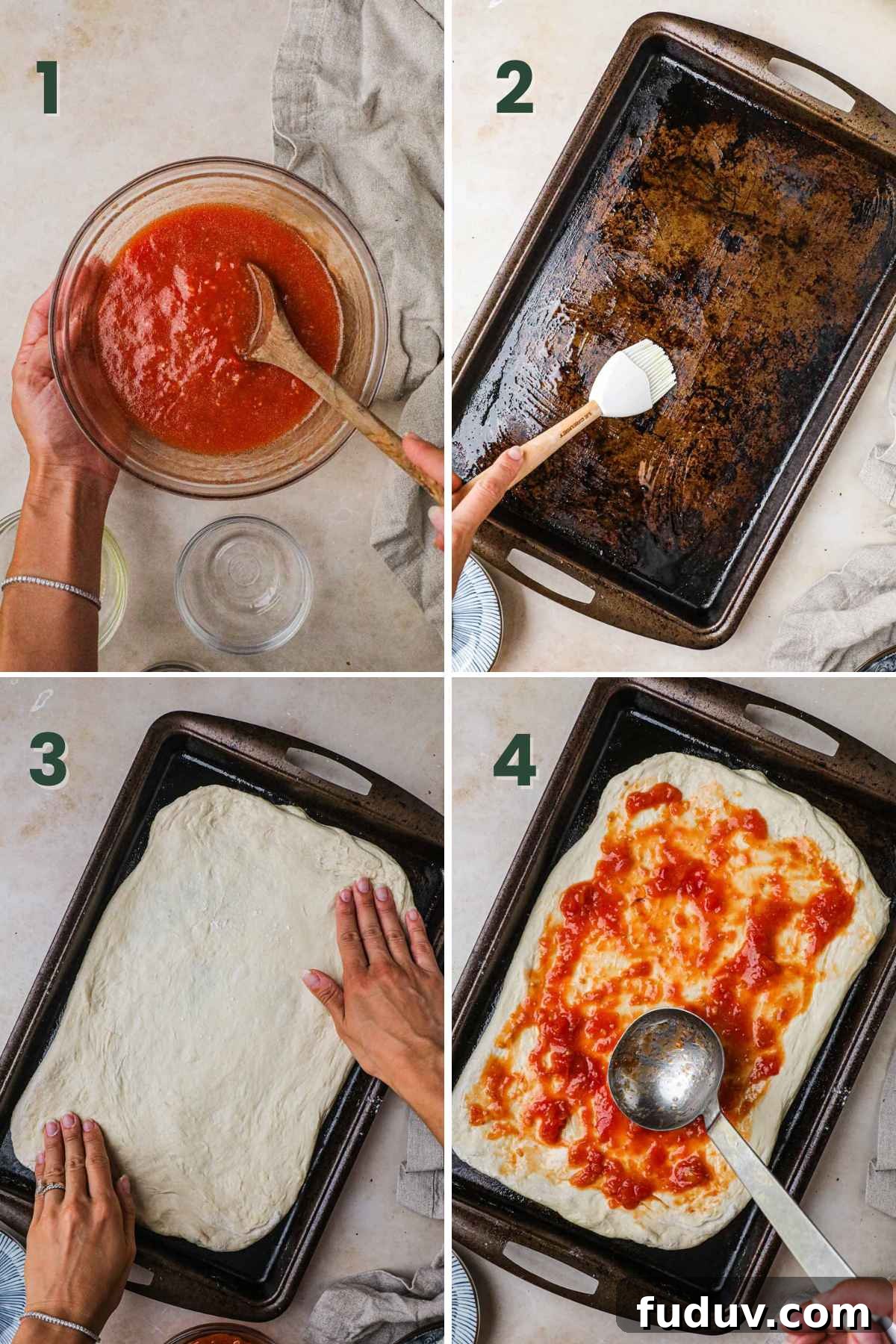 Steps to make margherita pizza: make pizza sauce, stretch dough, place on baking sheet, spread pizza sauce on dough.