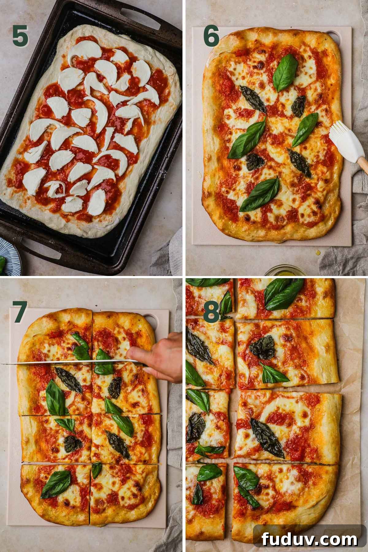 Steps to make margherita pizza: add mozzarella, bake, brush with olive oil, add basil, slice, and serve.