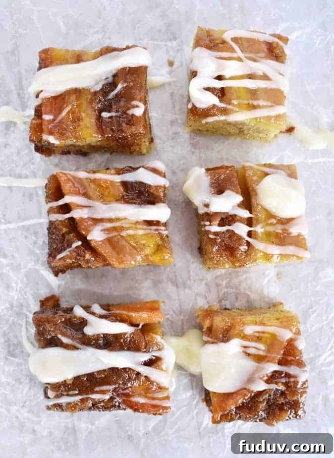 overhead shot of 6 slices of banana upside down cake with drizzle on it