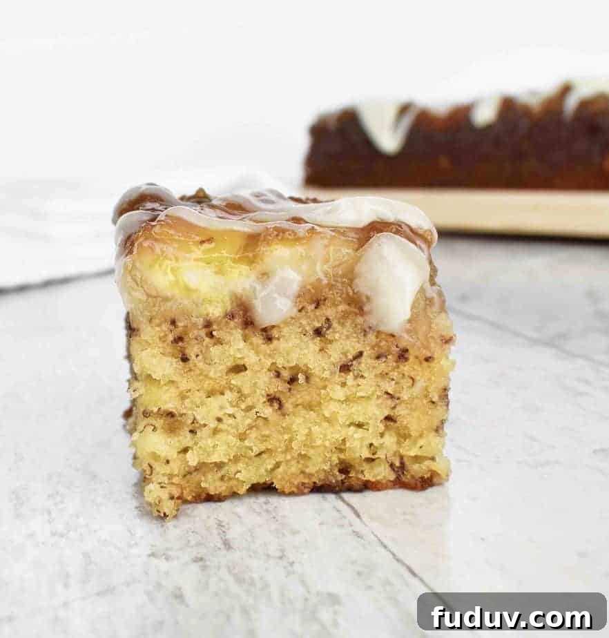 close up of small slice of banana cake