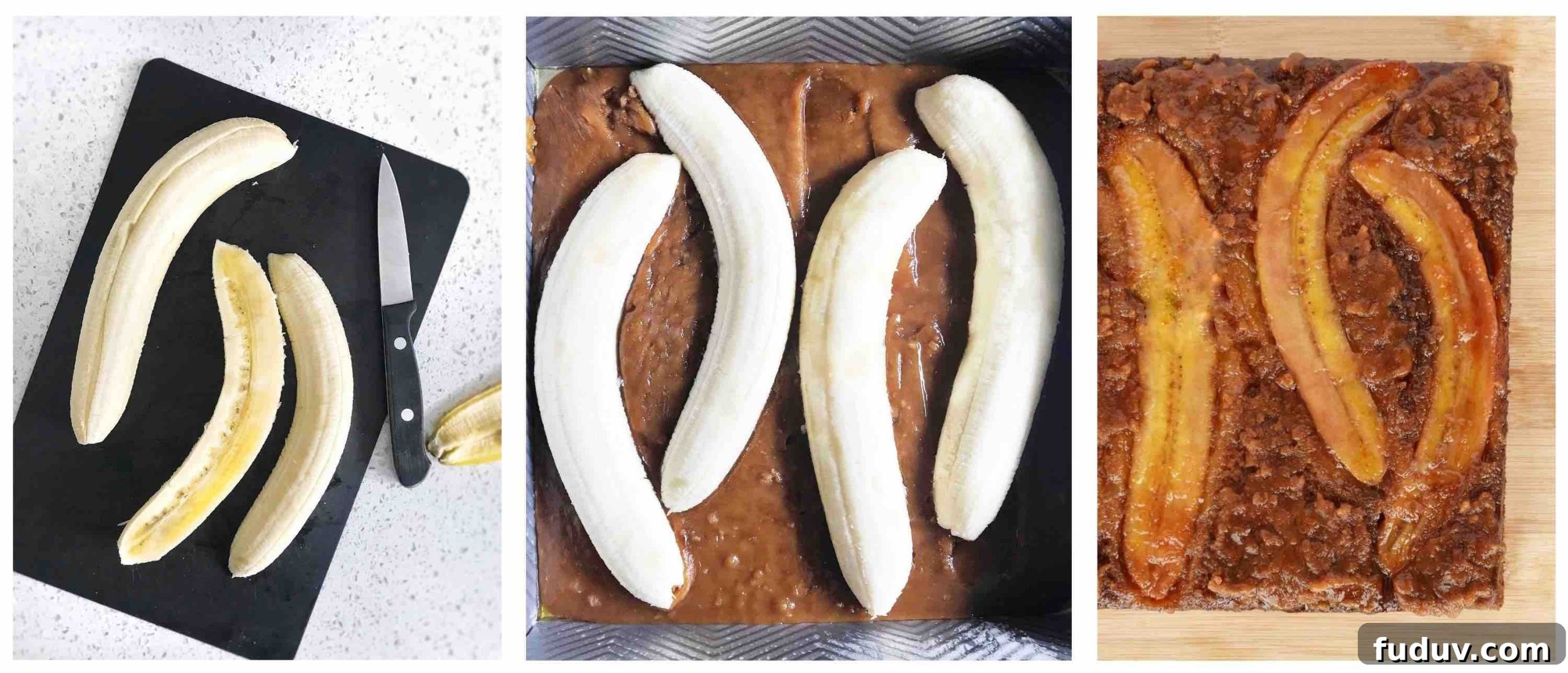3 images, showing how to slice bananas long ways and arrange in caramel in bottom of pan