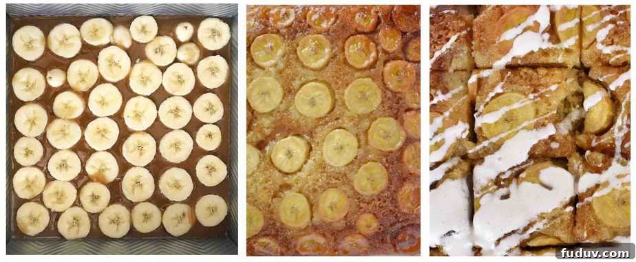 3 images, showing bananas cut in coins and arranged in caramel in bottom of pan