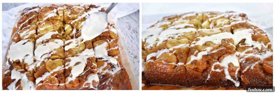 2 images, showing cream cheese glaze being applied