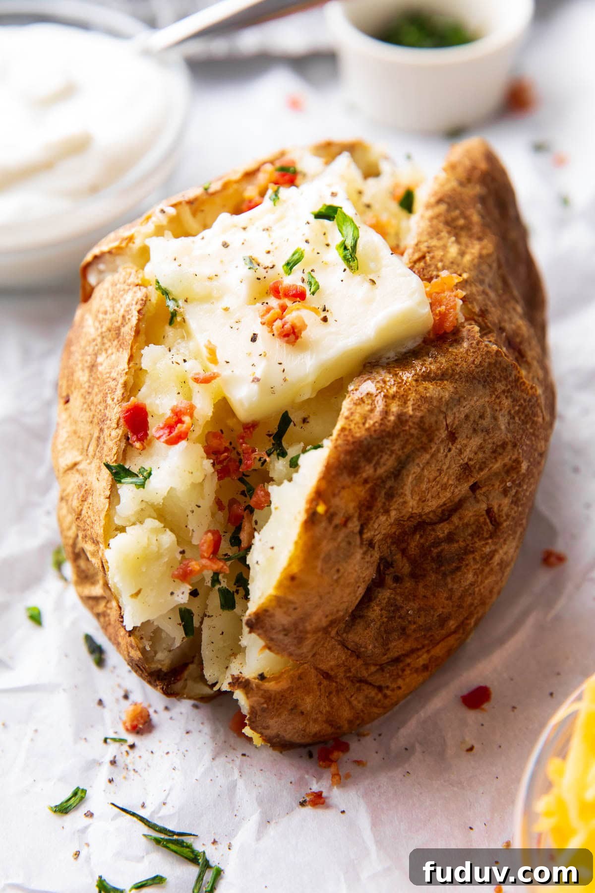 Bacon, butter, and chive topped Air Fryer Baked Potatoes