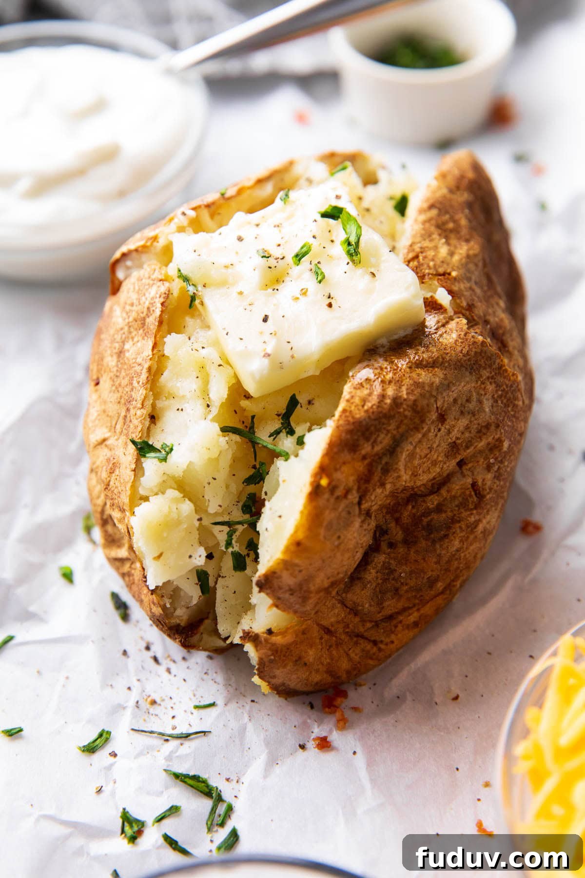 Sour cream, cheddar cheese, salt and pepper toppings for this easy recipe