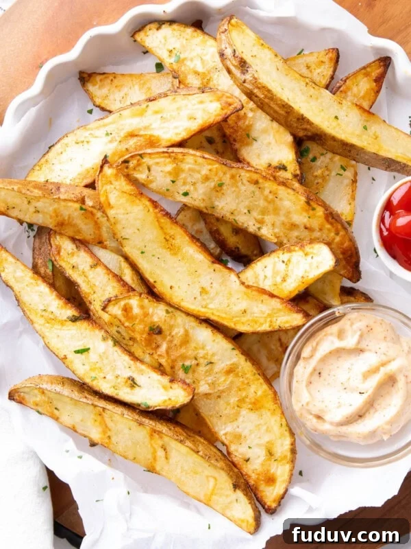 Air fryer potato wedges with crisp edges and fluffy centers sprinkled with fresh parsley and served with ketchup.