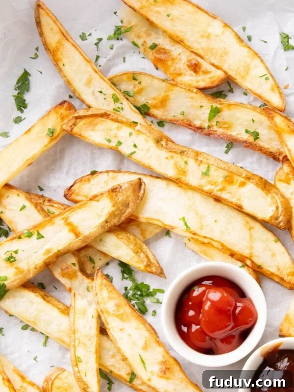 Air fryer french fries with crisped, browned edges sprinkled with parsley and served with ketchup and barbecue sauce