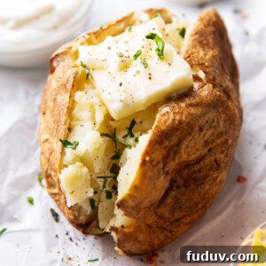 featured image with air fryer baked potato topped with a pat of butter and chives
