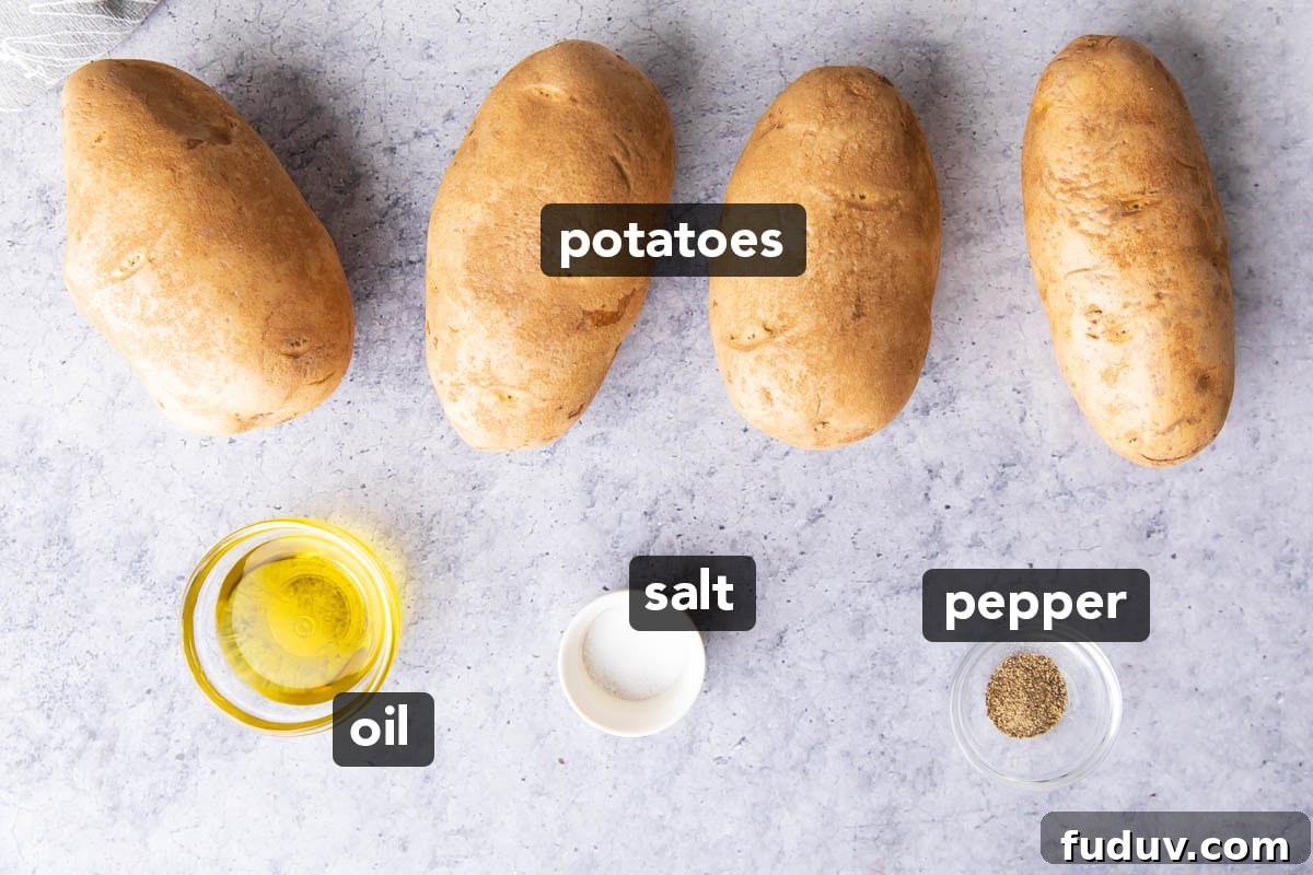 Oil, salt, pepper, and russet potatoes show the easy ingredients for this recipe