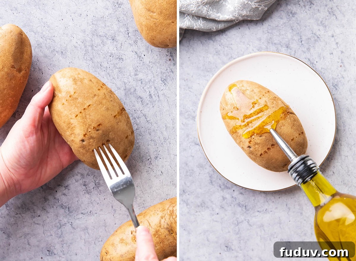 Two photos showing How to Bake Potatoes in Air Fryer - forking holes into a potato, then drizzling in oil to coat