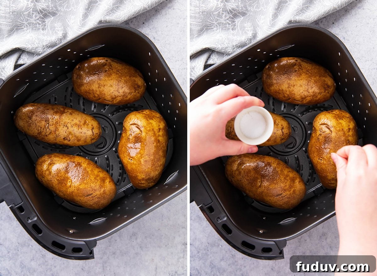 Two photos showing How to Bake a Potato in Air Fryer - laying potatoes out in the air fryer and sprinkling with salt