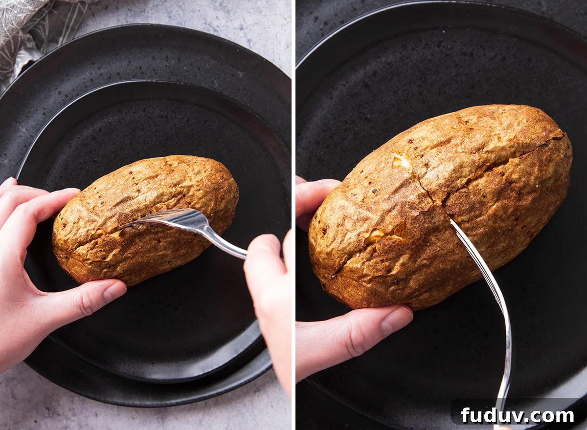 Two photos showing How to Open a Baked Potato - using a fork to create a crisscross slice to split open the potato