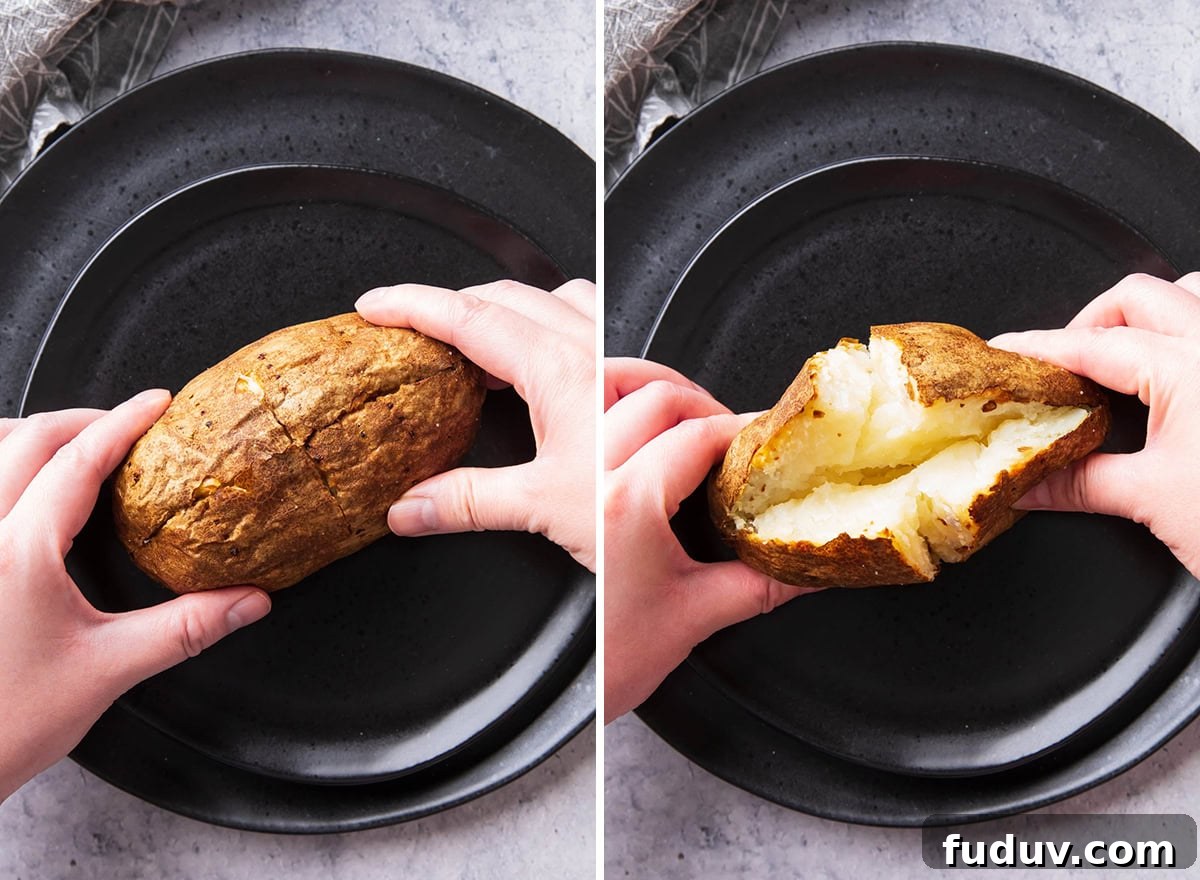 Two photos showing How to Open a Baked Potato - two hands pressing and splitting open a baked potato.