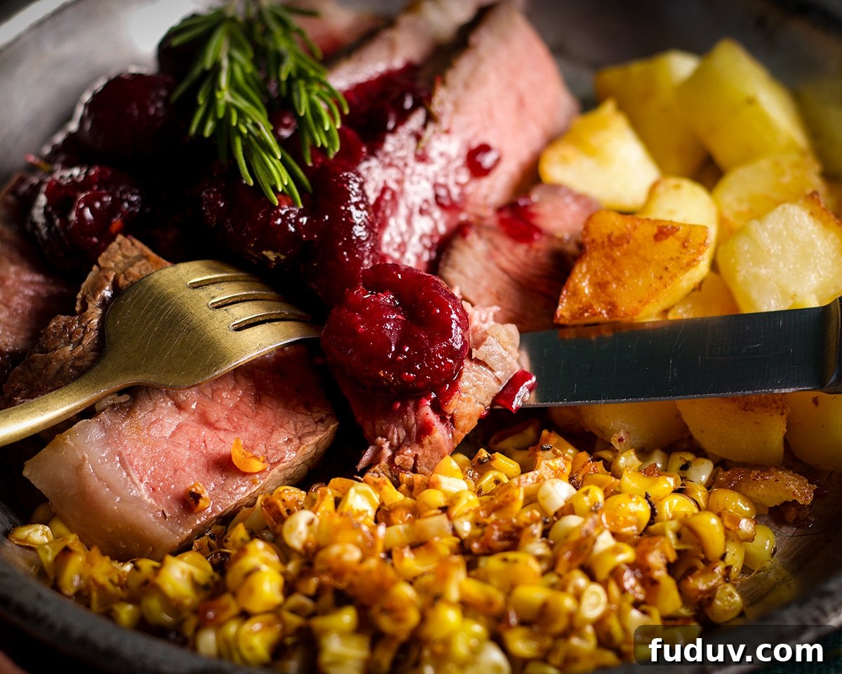Someone using a fork and knife to cut a bite of steak covered in cherry sauce.