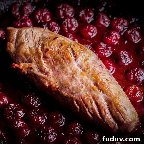 A pork tenderloin in a skillet with red wine cherry sauce.