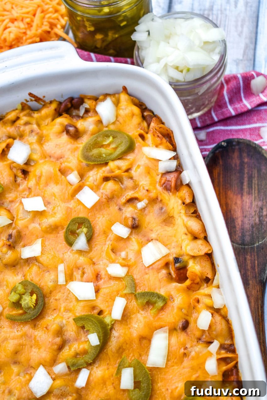 Chili Dog Mac & Cheese from a Box — Quick Classic Recipe 2 chili dog mac and cheese in a white baking dish
