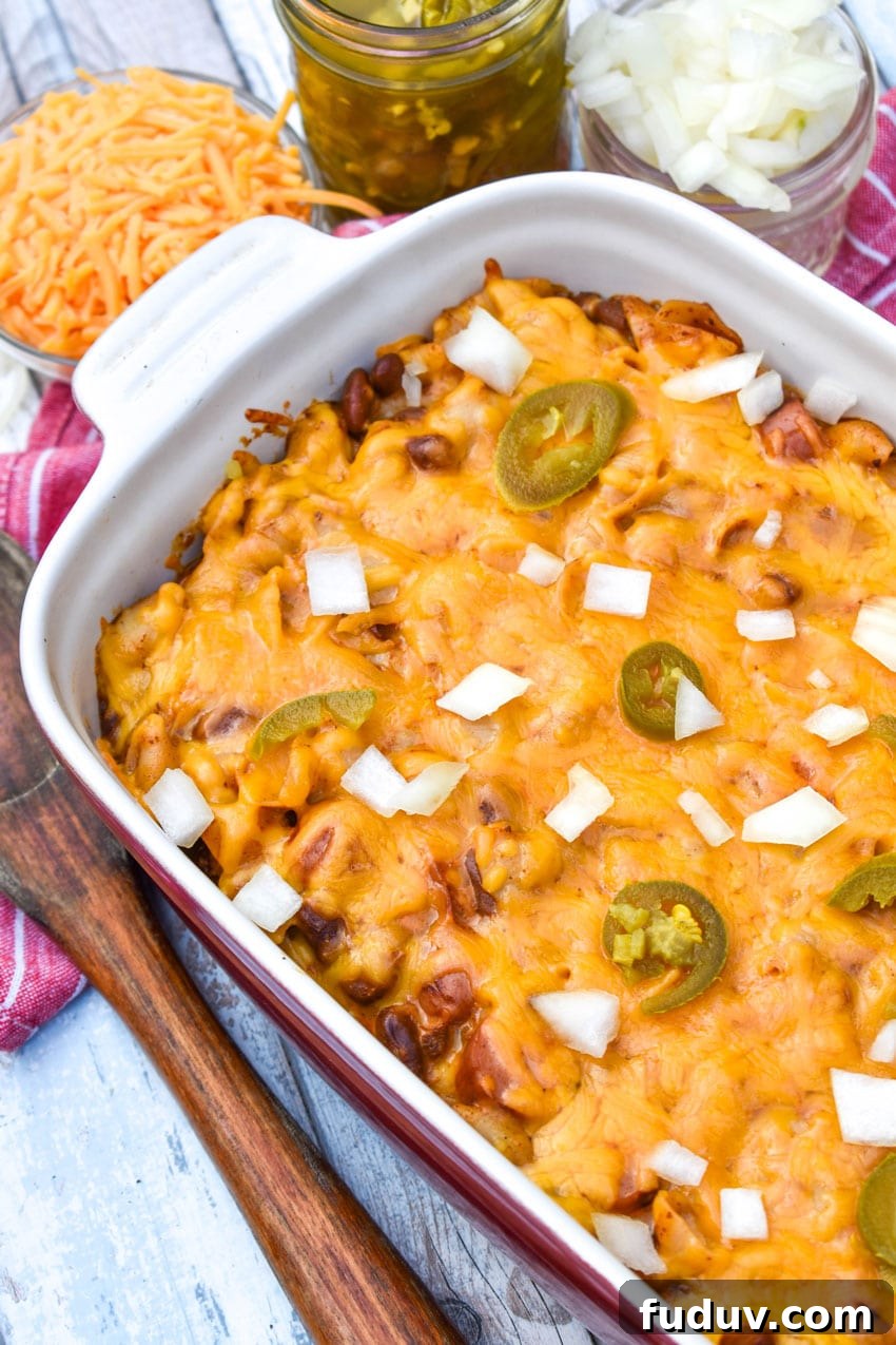Chili Dog Mac & Cheese from a Box — Quick Classic Recipe 3 chili dog mac and cheese in a white baking dish