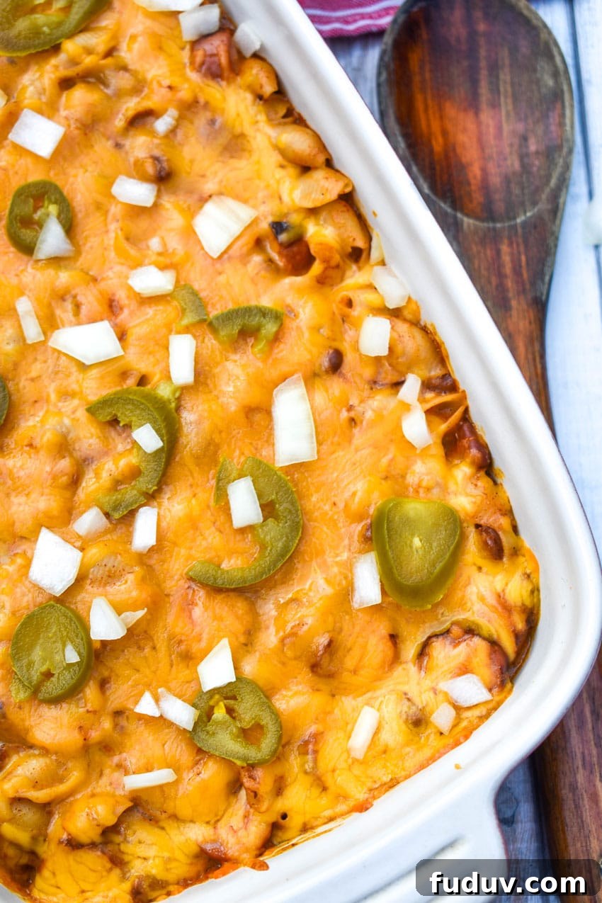 Chili Dog Mac & Cheese from a Box — Quick Classic Recipe 4 chili dog mac and cheese in a white baking dish
