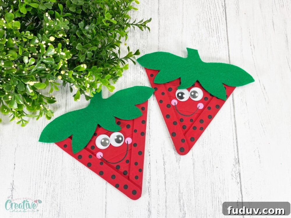 This fun and simple craft sticks strawberry is perfect summer project for kids and adults alike. Make your own whimsical strawberry craft in just minutes!