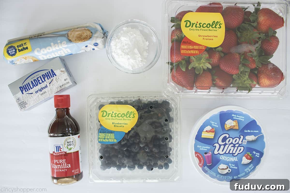 Patriotic Fruit Pizza for 4th of July Celebrations 4 Ingredients for Red, White and blue dessert cookie.