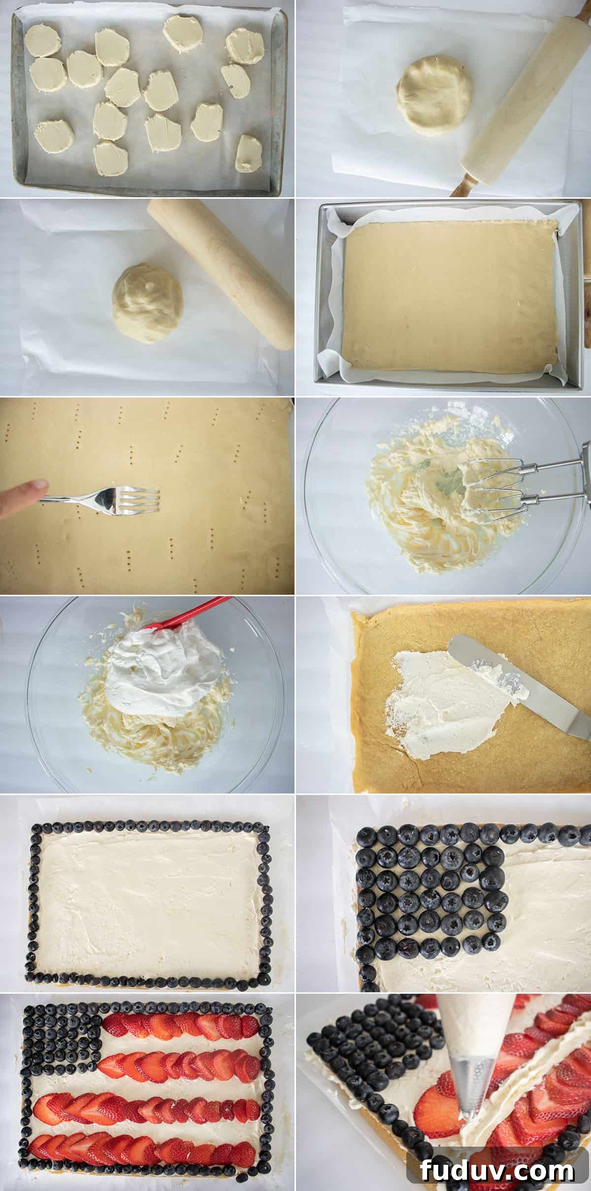 Patriotic Fruit Pizza for 4th of July Celebrations 5 Showing process of making fourth of July dessert pizza.
