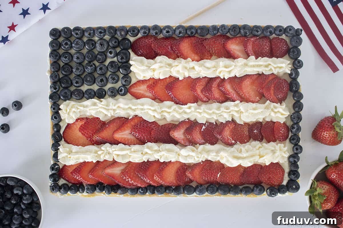 Patriotic Fruit Pizza for 4th of July Celebrations 6 Flag dessert on a white background.
