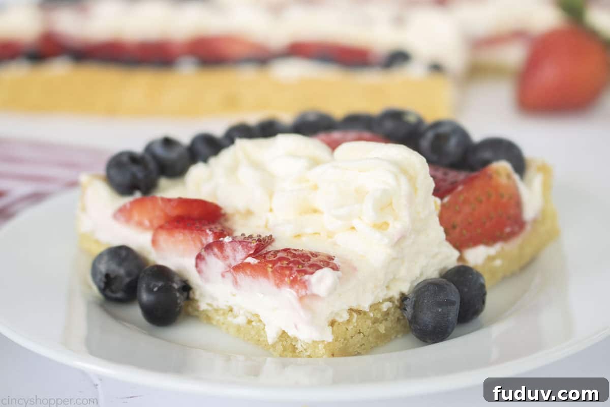 Patriotic Fruit Pizza for 4th of July Celebrations 7 Slice of cookie pizza on a plate.