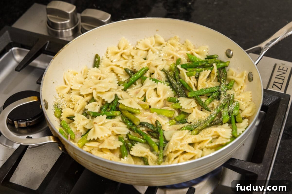 asparagus pasta in a skillet