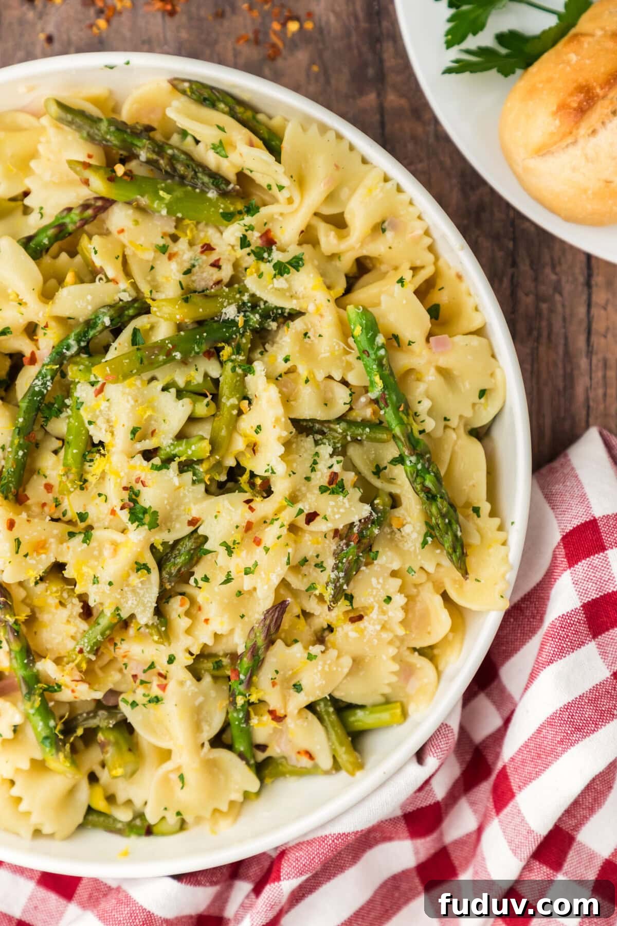 Close up photo of a half bowl of Asparagus Pasta
